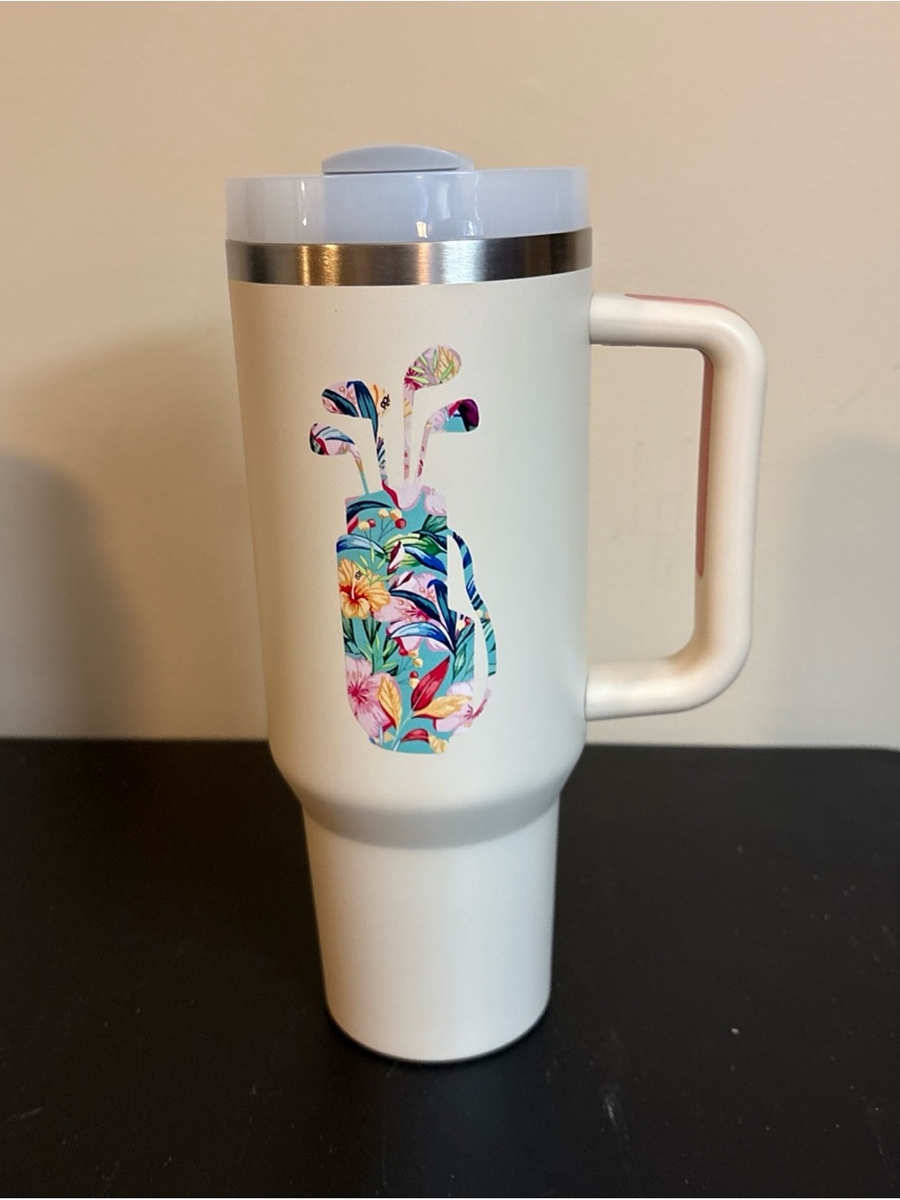 40 oz White Travel Mug with Floral Golf Bag Graphic and Handle